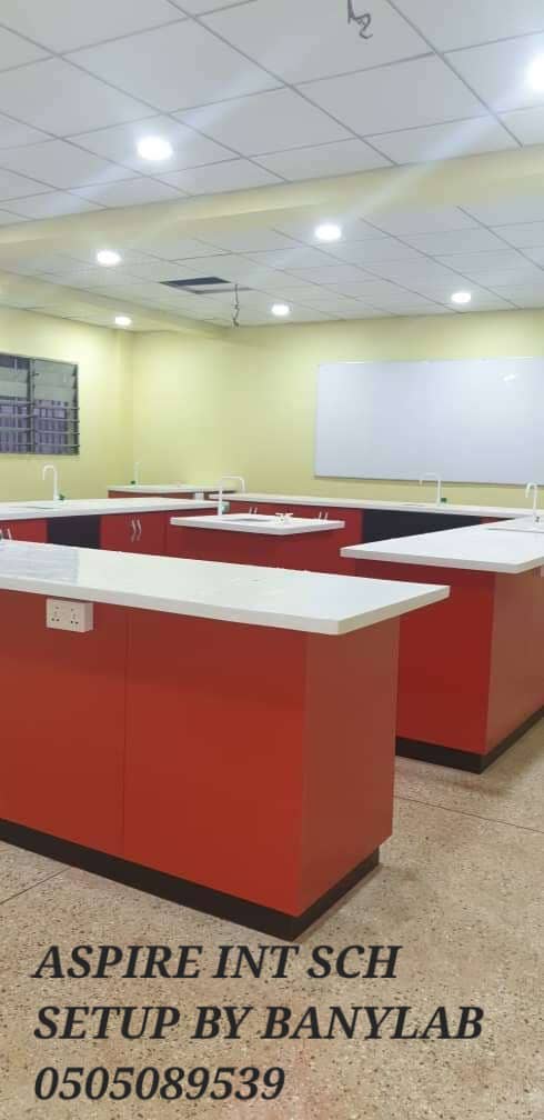 Portrait view of Aspire International School laboratory benches and sinks installed by Banylab