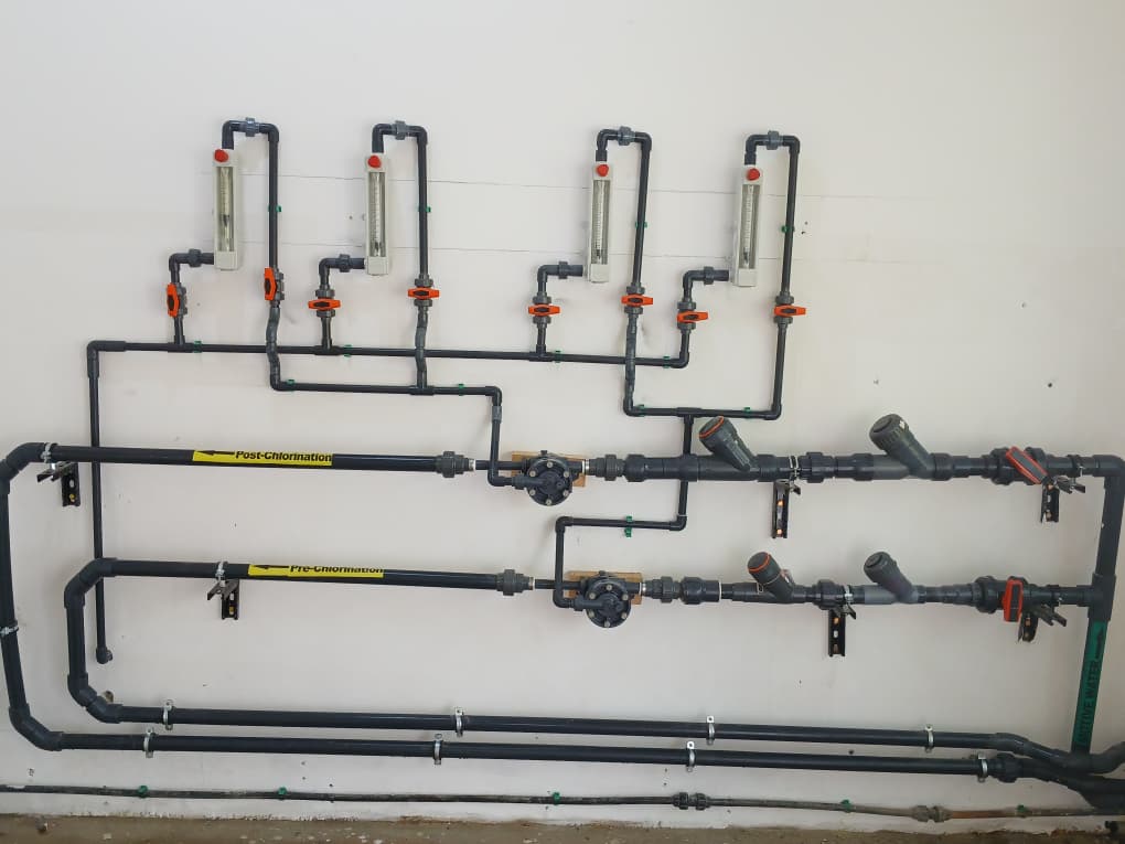 Pre-chlorination and post-chlorination manifold with flow meters and pipe valves